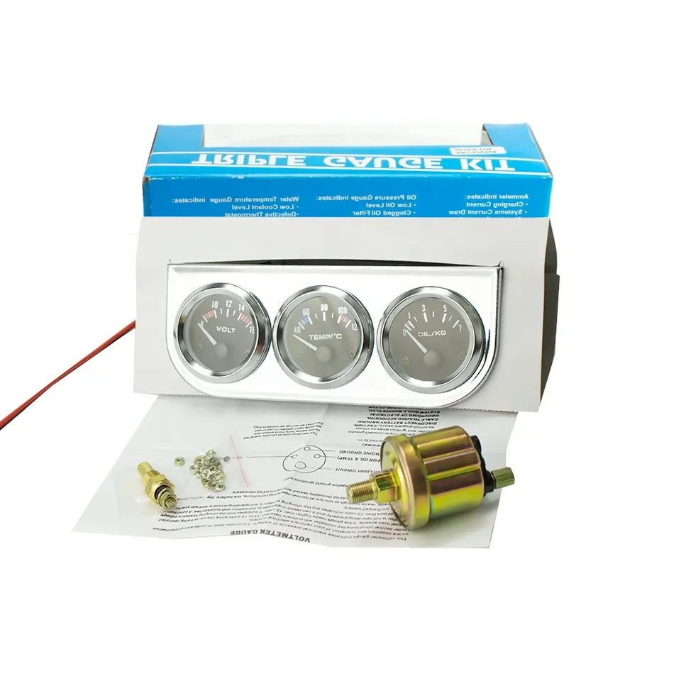 Af5d2674336184e9e9ec8fdd80ef1e33bg.webp Black/Chrome Bezel Black Water Temp Oil Pressure Volt Gauge 52mm 3 in 1 Triple Gauge Kit - Image 1