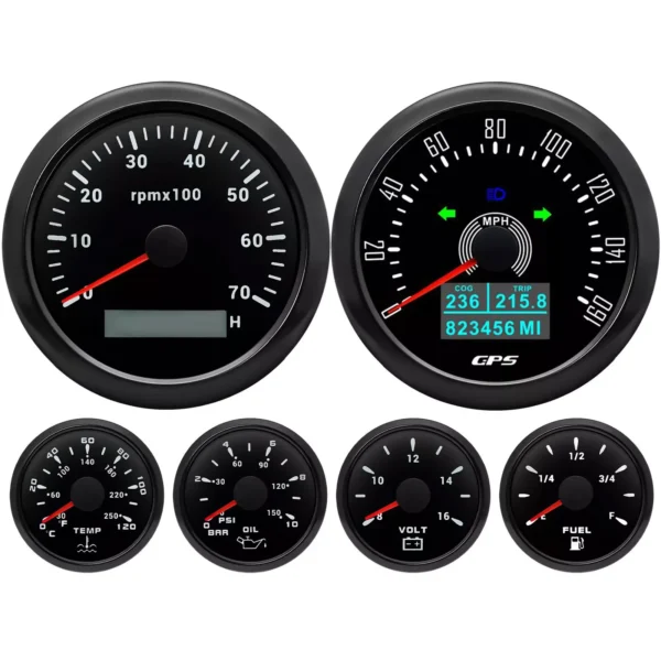 6 Gauge Set 85mm GPS Speedometer 160MPH Tachometer 7000RPM Waterproof Fuel Level Oil Pressure Water Temp Volt Gauge for Boat
