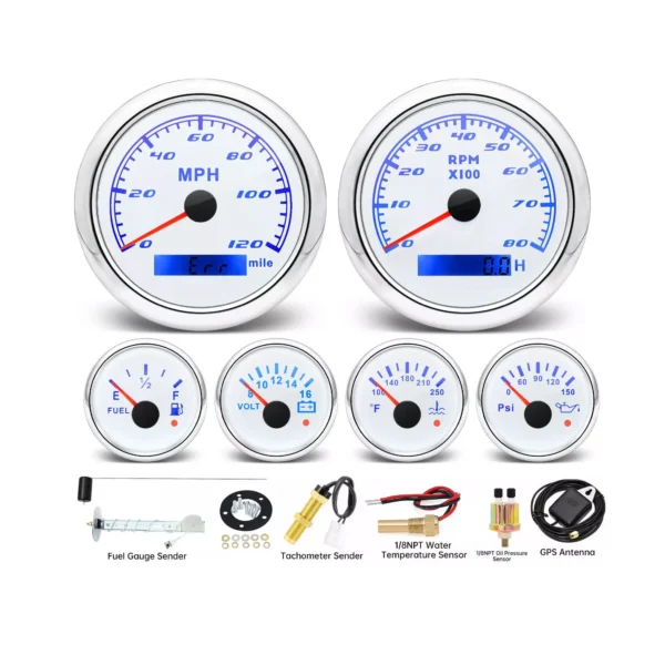 6 Gauge Set White GPS Speedometer 120MPH Tachometer Fuel  Level Water Temp Volt Meter Oil Pressure with Sender Sensor