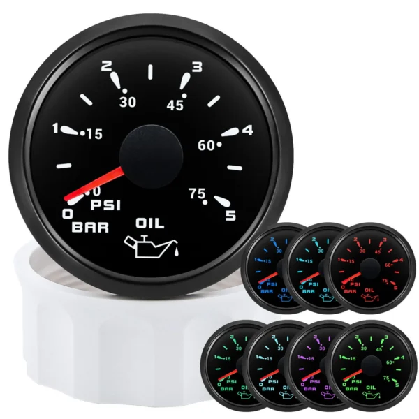 52MM 2 Oil Pressure Meter Gauge 0-5Bar 0-75PSI 7 Colors LED for Marine Boat
