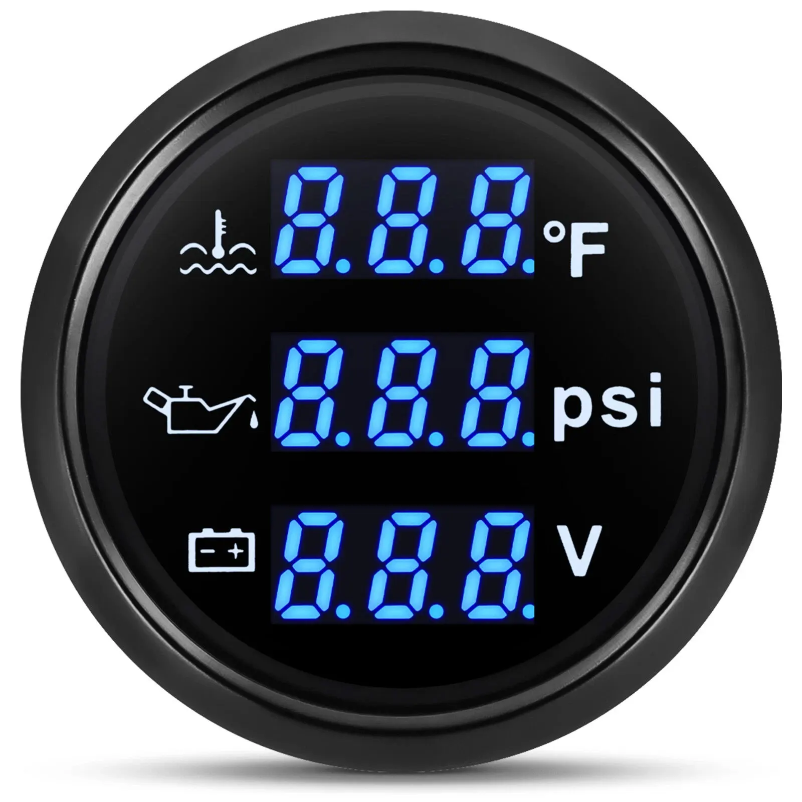 H0c9693570f42442b89b0d3c7330346f79.webp 52mm Digital 3IN 1 Gauge Oil Pressure Water Temp Volt Gauge BLUE LED with Sender - Image 1