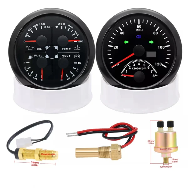 2 Gauge Set 85mm GPS Speedometer 120MPH Tacho&85mm Fuel Oil Temp Volt W/sensor