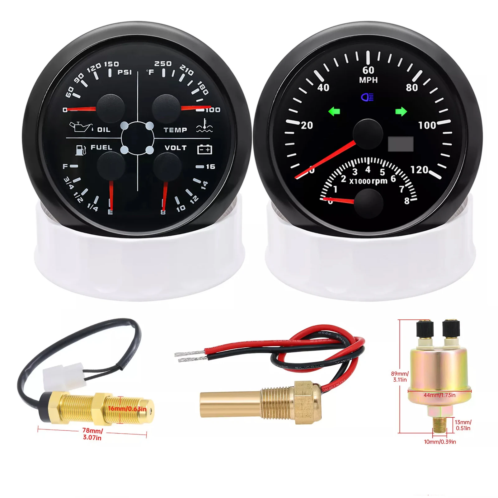 H0de5ae90e6014e4fb8724c47009cb170k.webp 2 Gauge Set 85mm GPS Speedometer 120MPH Tacho&85mm Fuel Oil Temp Volt W/sensor - Image 1