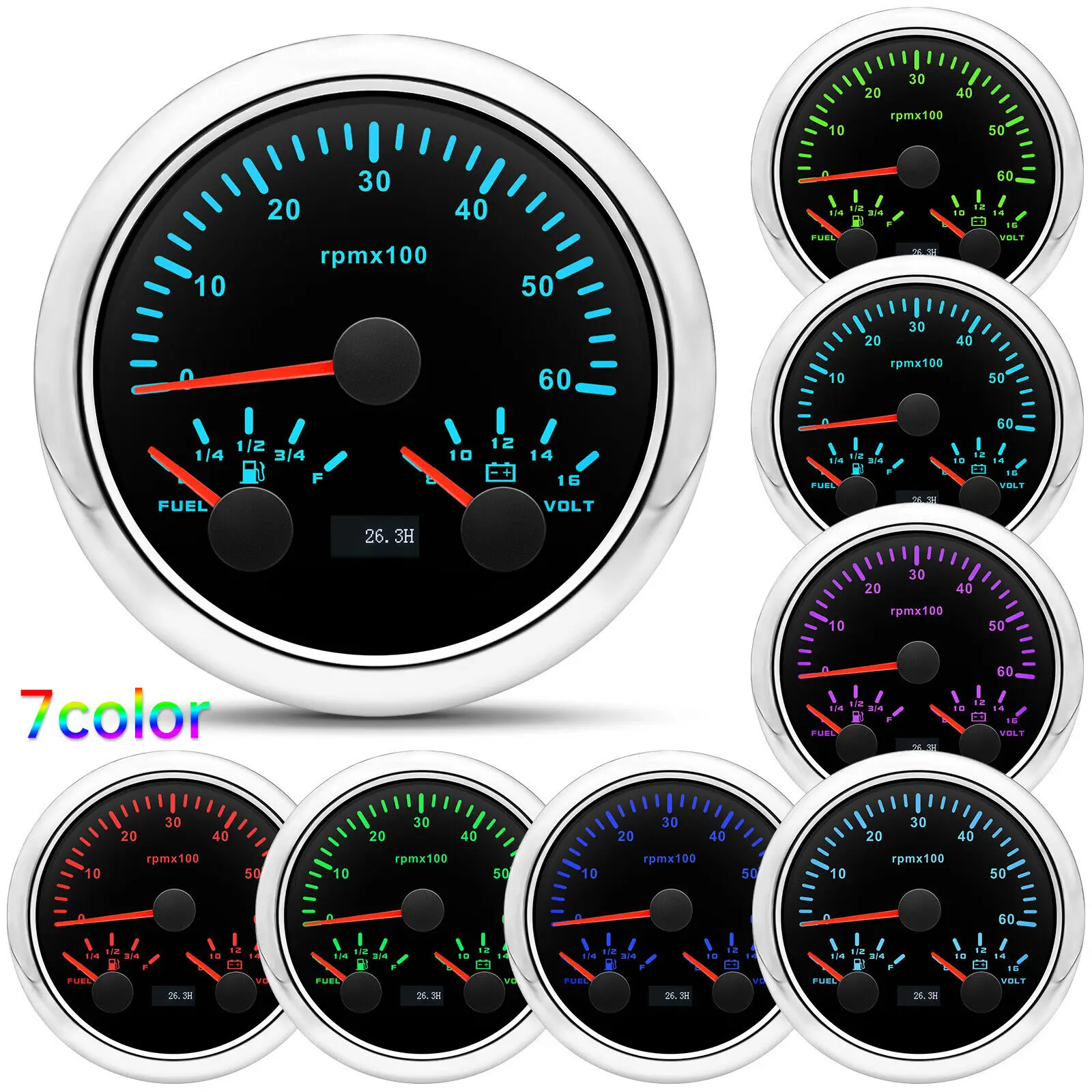 H0e6624de186f4a1ebfbd232c458c352dY.webp 85mm 3In 1 Tachometer 0-6000RPM Fuel Gauge 240-33ohms Voltage 8-16V for Car Boat - Image 1