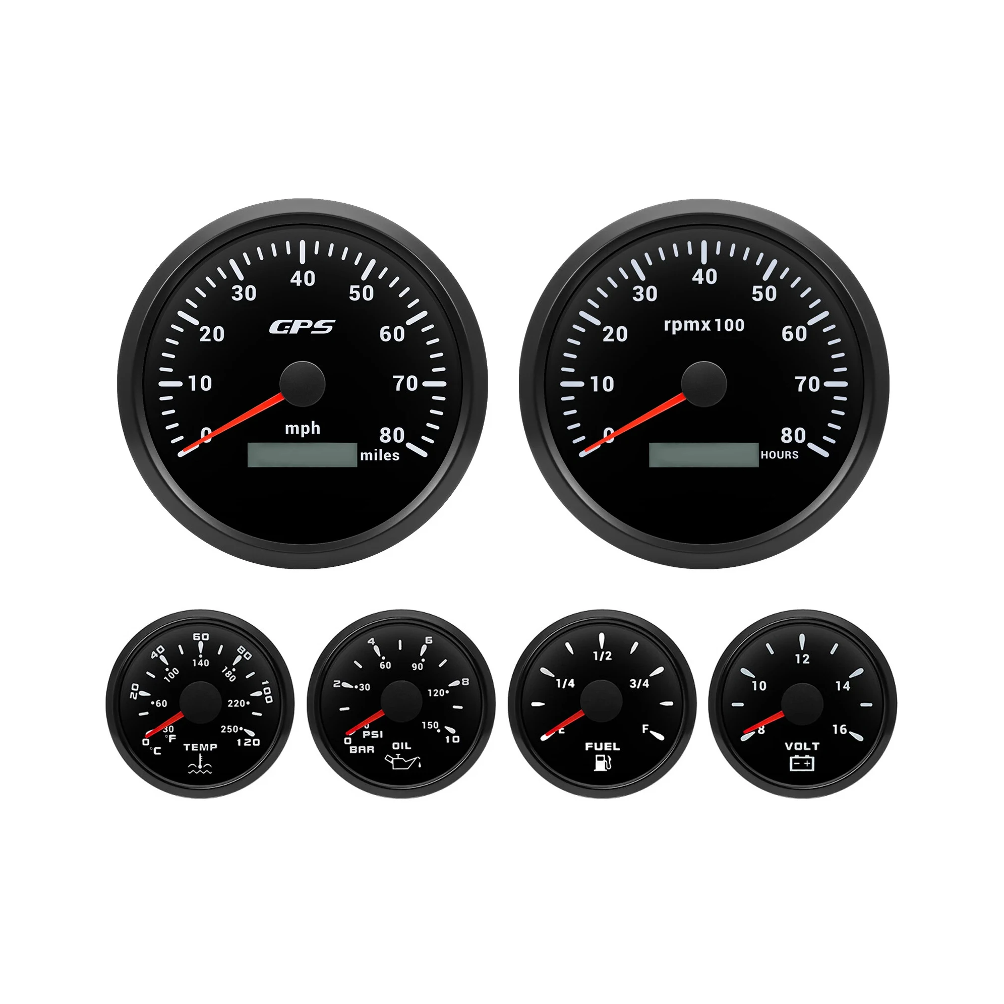 H1314ef8cf7254b1da6e1edb3e639b2c1o.webp 6 Gauge Set 110MM GPS Speedometer 80MPH Tacho 8000RPM & 52MM Fuel/Temp/Oil/Volt - Image 1