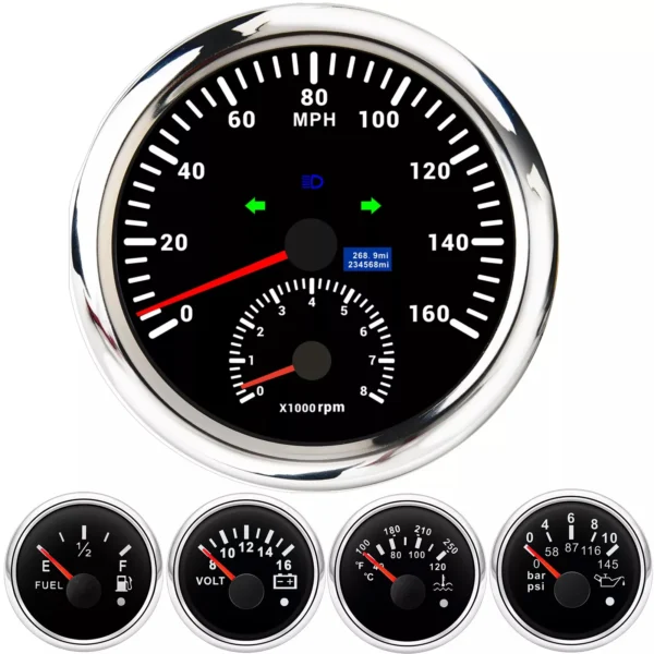 110mm Boat GPS Speedometer 160MPH Tachometer 8000RPM 52mm Fuel Level Oil Pressure Water Temp Volt Gauge