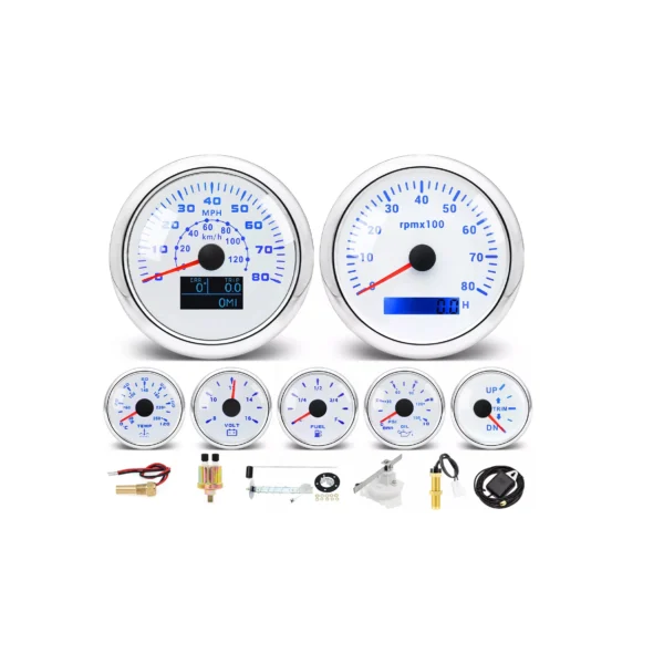 7 Gauge Set 85mm GPS Speedometer 120km 80MPH Tacho Fuel Temp Oil Volt Trim