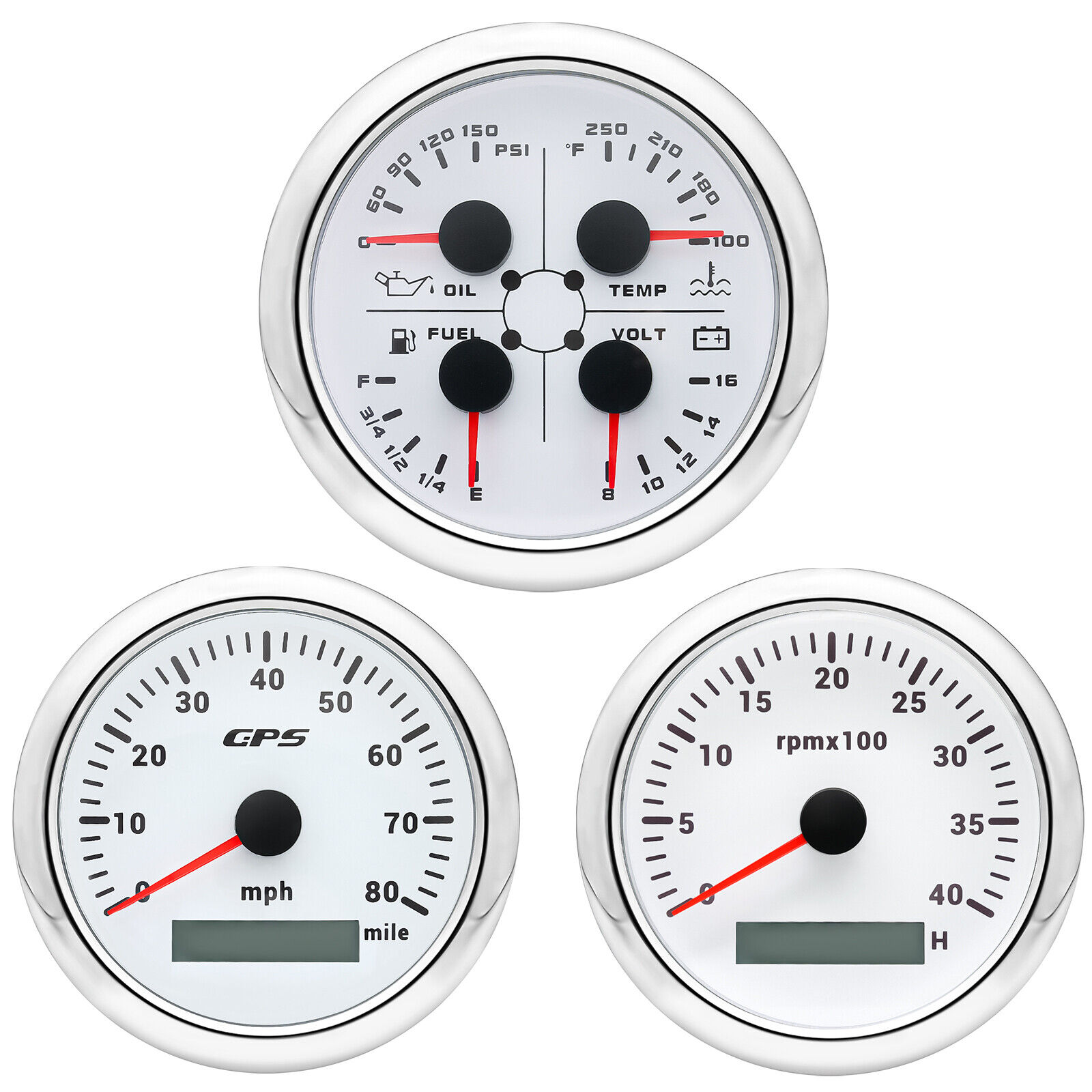 H17c35ac56965444e82b408dc799c5c38g.jpg 3 Gauge Set 85mm GPS Speedometer 0-80 MPH Tachometer Fuel/Temp/Oil Pressure/Volt - Image 1