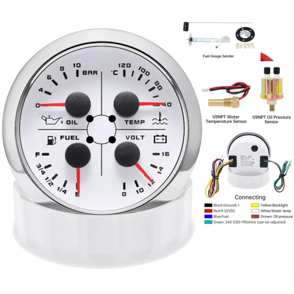 85MM 4 in 1 Gauge Fuel Level Oil Pressure BAR Water Temp ?? Volt With Sensor