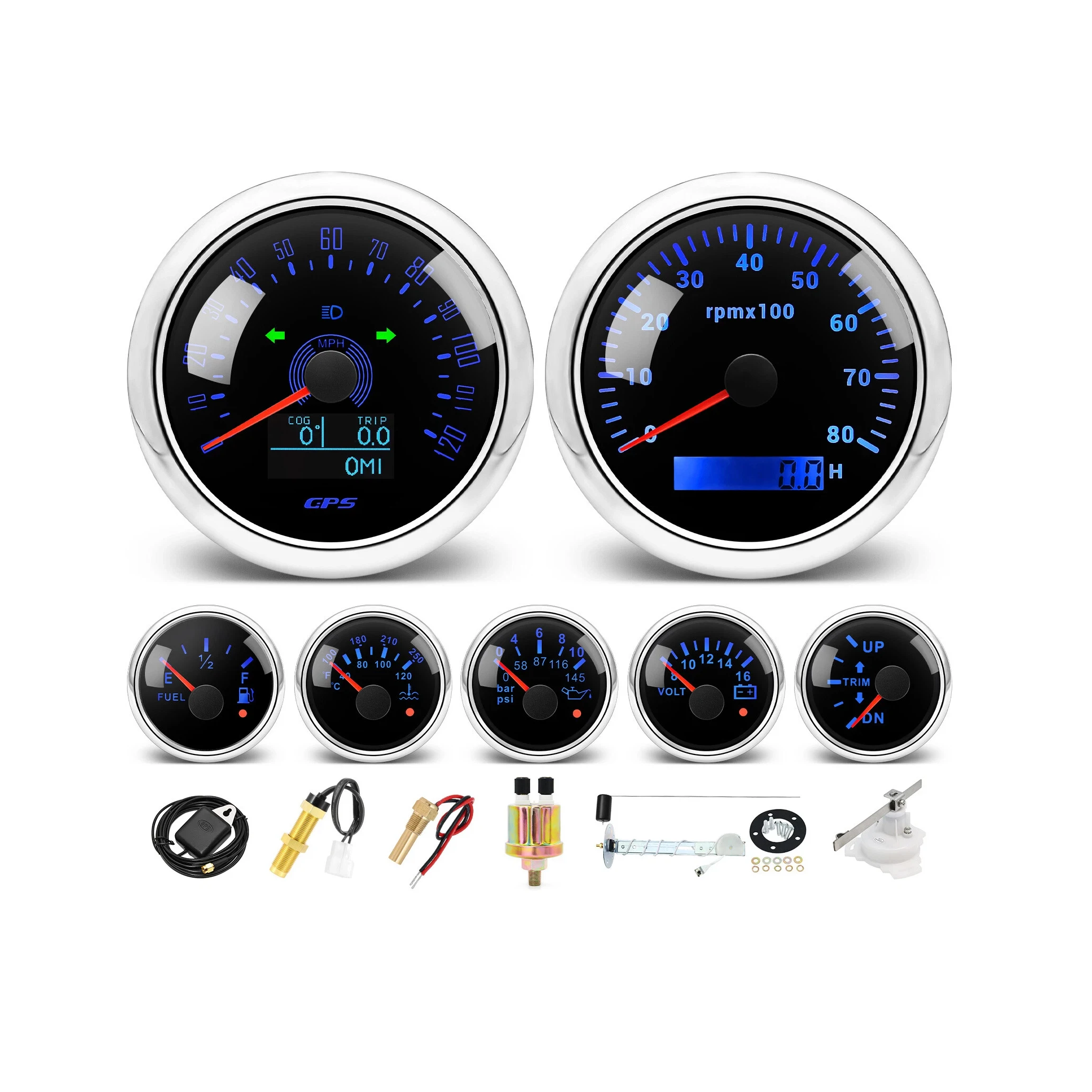 H19888cf0d0df44118fefe3b5b50643eb3.webp 7 Gauge Set 7 Colors LED 85mm GPS Speedometer 0-120MPH Gauge for Car Marine Boat - Image 1