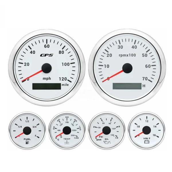 6 Gauge Set 85mm GPS Speedometer 0-120MPH Tachometer 7000rpm & 52mm Fuel Water Oil Gauge for Car Boat