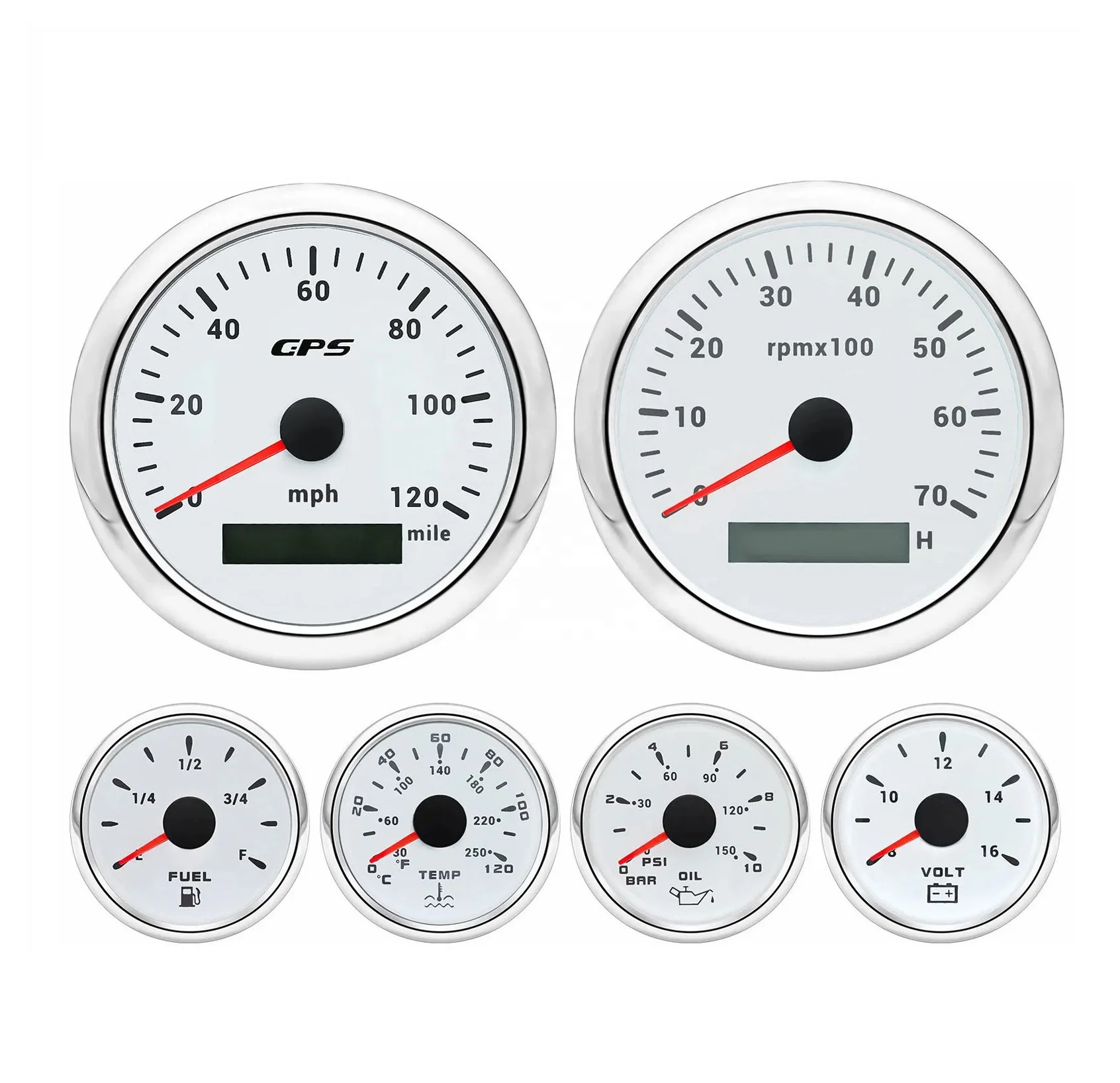 H19dcfefe2cb444bb954cac439c9fd6e2h.webp 6 Gauge Set 85mm GPS Speedometer 0-120MPH Tachometer 7000rpm & 52mm Fuel Water Oil Gauge for Car Boat - Image 1
