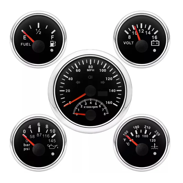 5 Gauge Set 85mm GPS Speedometer 160MPH With Tachometer 52mm Fuel Level Water Temp Oil Pressure Volt