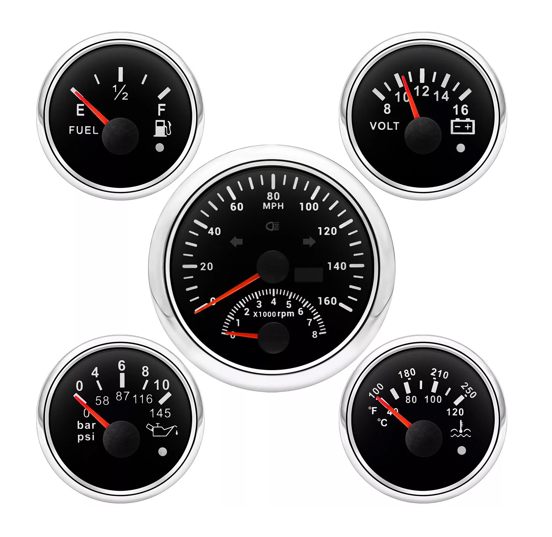 H1cca860f72034c3da976485608a66a0bm.webp 5 Gauge Set 85mm GPS Speedometer 160MPH With Tachometer 52mm Fuel Level Water Temp Oil Pressure Volt - Image 1