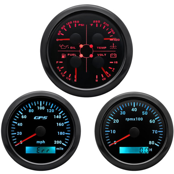 3 Gauge Set 85mm GPS Speedometer 0-200MPH Tacho Fuel Water Temp Oil Pres Voltage
