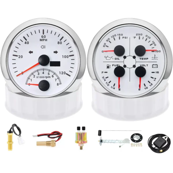2 Gauge Set 85mm White GPS Speedometer With Tachometer 8000rpm & 85mm 4 in 1 Gauge Water Temp Fuel Level Oil Pressure Voltage