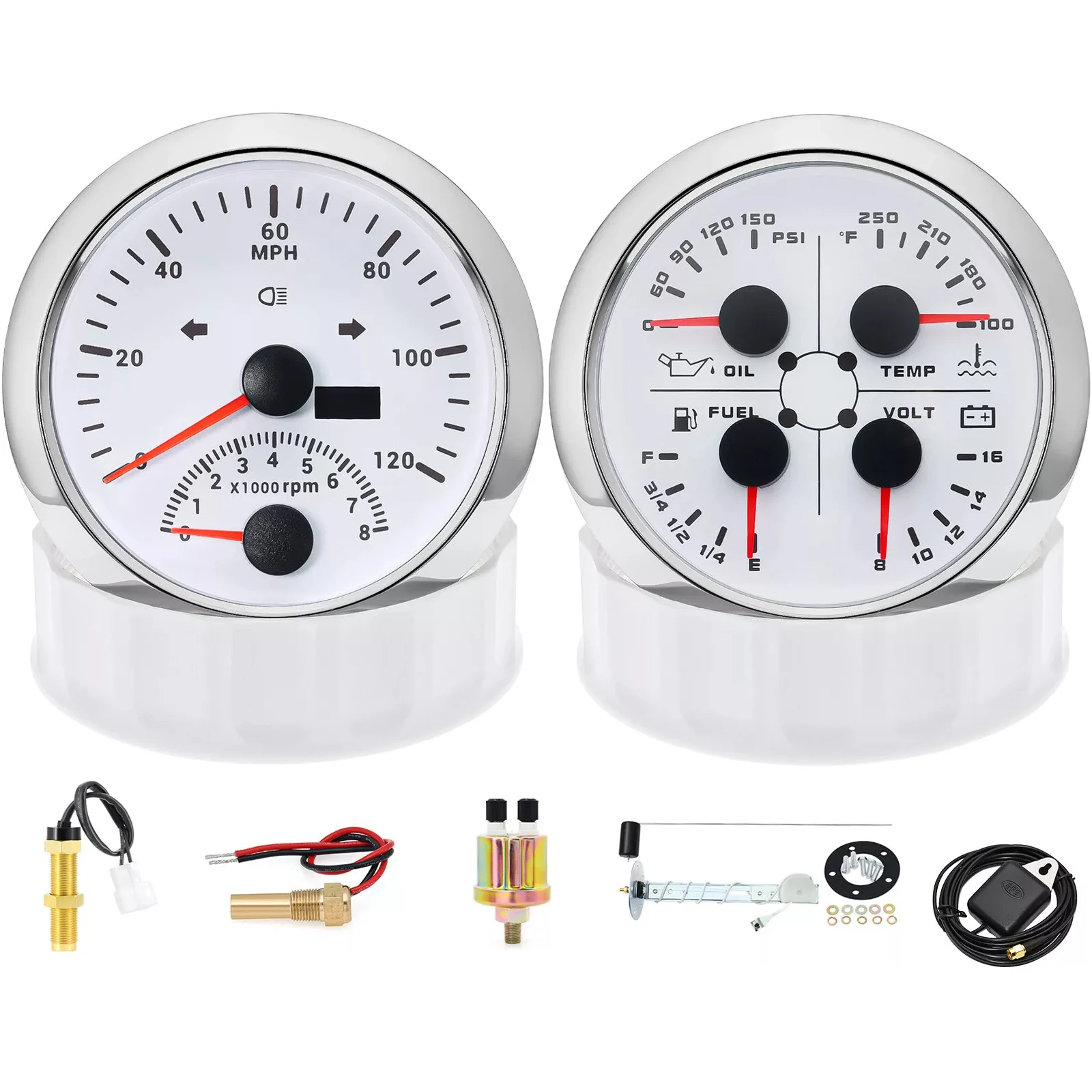 H26a793d9f60241a09303350463a39699Y.webp 2 Gauge Set 85mm White GPS Speedometer With Tachometer 8000rpm & 85mm 4 in 1 Gauge Water Temp Fuel Level Oil Pressure Voltage - Image 1