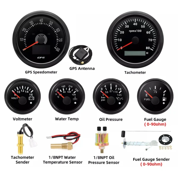 6 Gauge Set 85mm GPS Speedometer 80MPH Tachometer 8000RPM/52mm Fuel Level Water Temp Oil Pressure Volt Meter Gauge