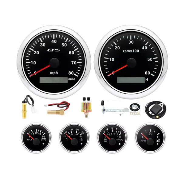 6 Gauge Set with Sensor 85mm GPS Speedometer 80MPH Tacho 6000RPM Gauge for Boat