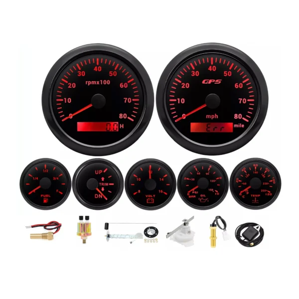 7 Gauge Set with 85mm GPS Speedometer 80MPH & Tacho 8000RPM Fuel Level Oil Pressure Water Temp Trim Volt Gauge Waterproof