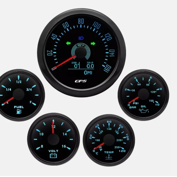 5 Gauge Set 85mm GPS Speedometer 0-160MPH With COG Trip Gauge & 52mm Fuel Gauge