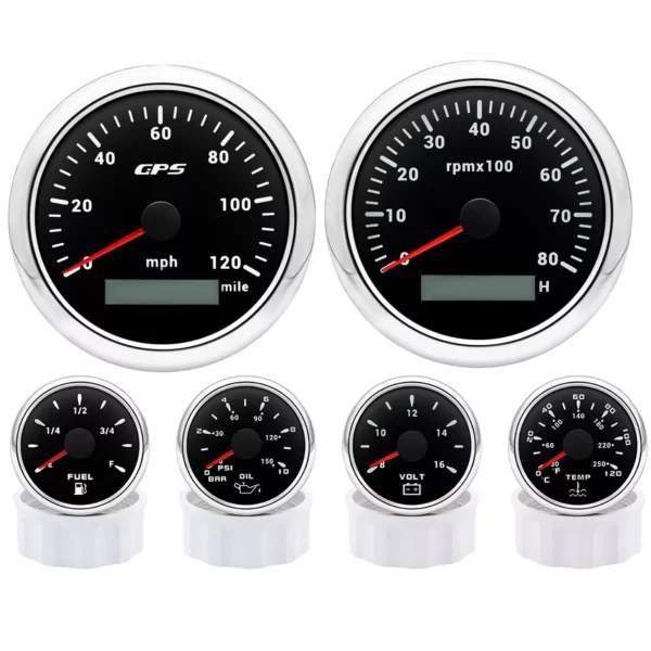 6 Gauge Set 85mm GPS Speedometer 80MPH Tacho 8000RPM Gauge Fuel Level Oil Pressure Water Temp Volt Gauge Waterproof Fit Boat