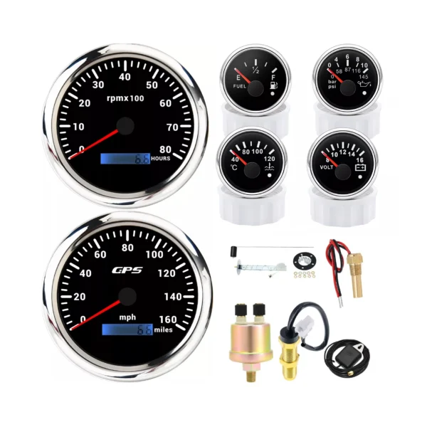 6 Gauge Set 85mm GPS Speedometer 160MPH Tacho 8000RPM & 52mm Fuel Level Oil Pressure Water Temp Voltage Meter With Sensor