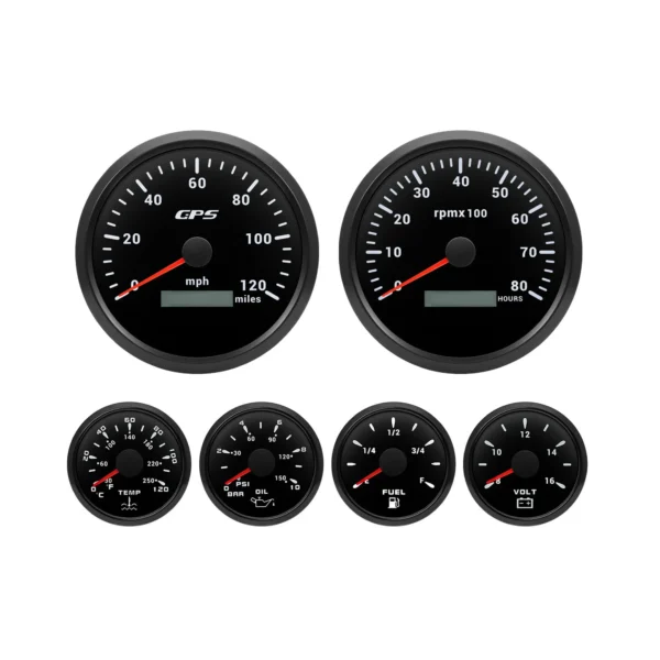 110MM BLACK GPS Speedometer 120MPH Tacho 8000RPM & 52MM Fuel/Temp/Oil/Volt Gauge