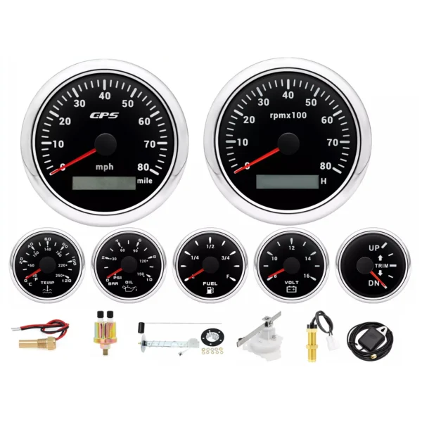 7 Gauge Set 85mm GPS Speedometer 80MPH Tachometer Fuel Level Oil Pressure Water Temp Trim Volt Gauge Fit Marine Boat Car