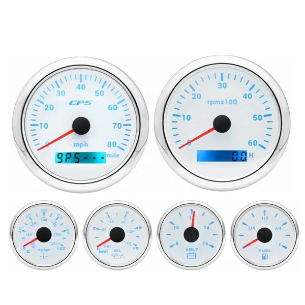 6 Gauge Set 85mm GPS Speedometer 0-80MPH Tacho 6000rpm Fuel Water Temp Volt Oil Pressure