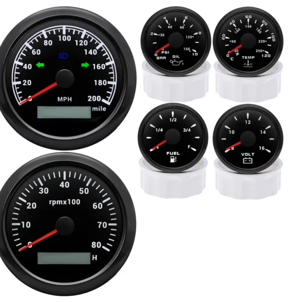 6 Gauge Set 85mm GPS Speedometer 200MPH&Tacho&52mm Fuel/Oil/Temp/Volt for Boat
