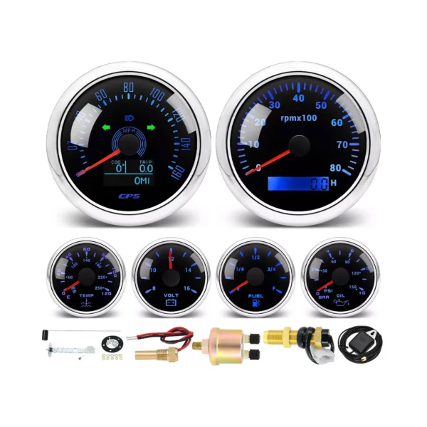 6 Gauge Set 85mm GPS Speedometer 160MPH Tacho&52mm Fuel/Oil/Temp/Volt Gauge