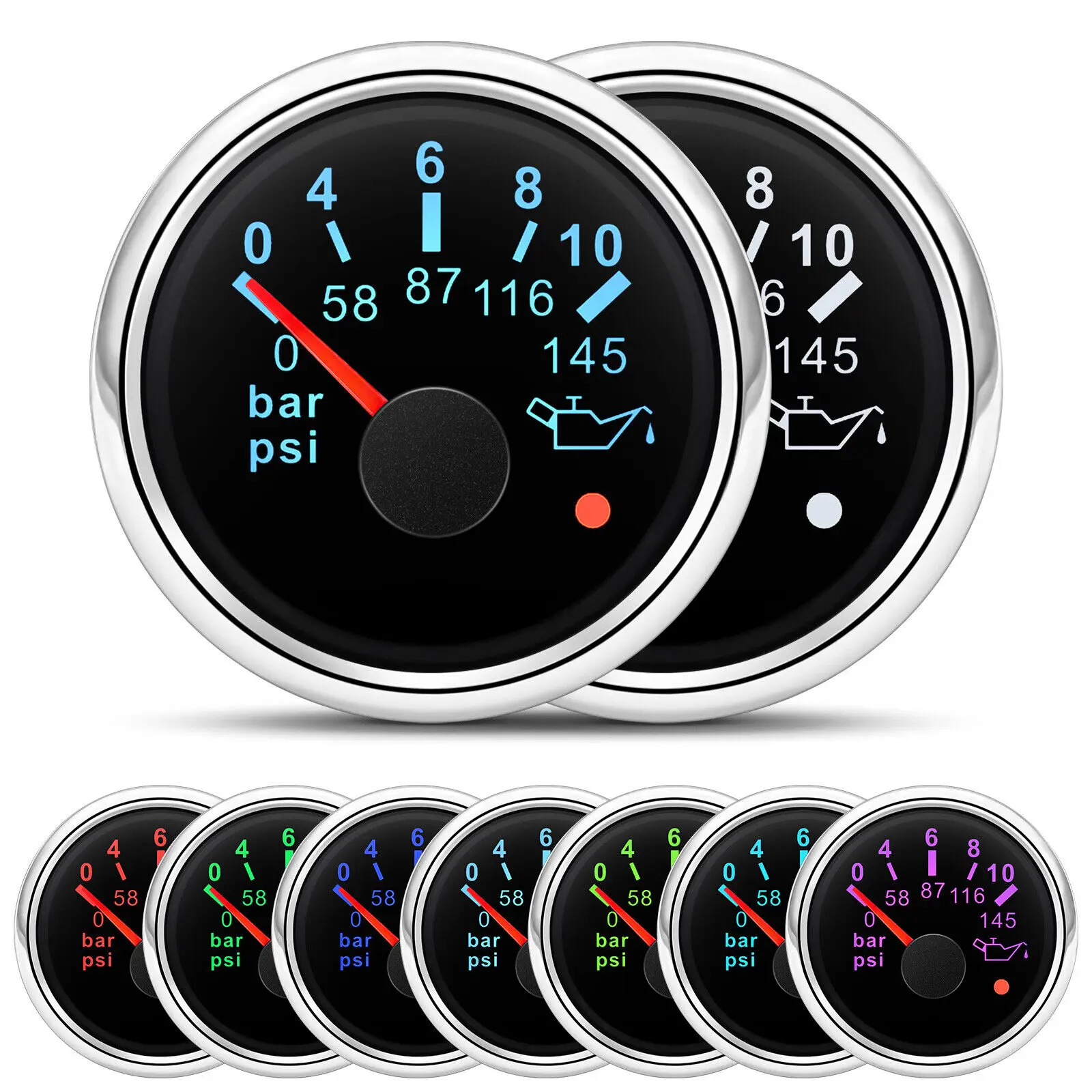 H4c95bf440dea425bbc175f20ff893420E.webp 52mm 7 Colors LED Oil Pressure Pauge 0-10bar/0-145PSI for Boat Car Truck ATV SUV - Image 1