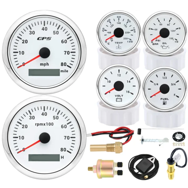 85mm White GPS Speedometer 80MPH&Tacho 8000RPM with Sensor for Boat Car Truck US
