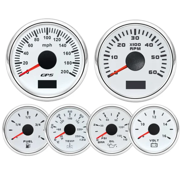 6 GAUGE SET WHITE 52mm GPS Speedometer Gauge 0-200MPH for Marine Boat Car Truck