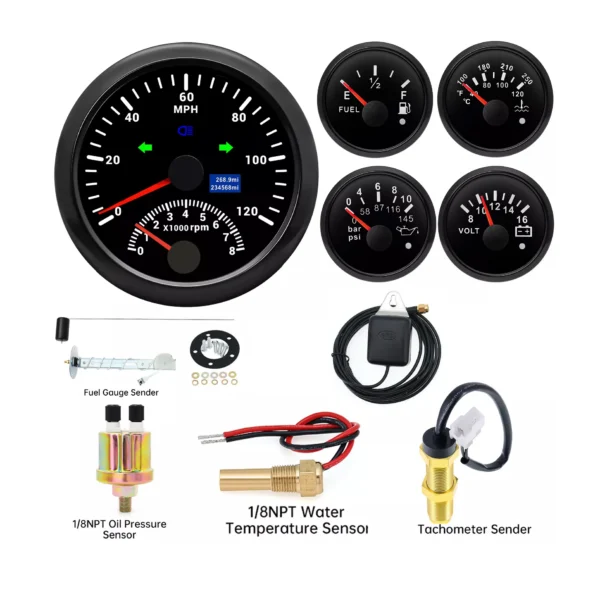 5 Gauge Set 85mm GPS Speedometer 120km/h With Tacho&Fuel/Oil/Temp/Volt for Boat