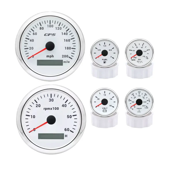 6 Gauge Set 85mm Boat GPS Speedometer 200MPH Tachometer 6000RPM Fuel Level Oil Pressure Water Temp Volt Gauge