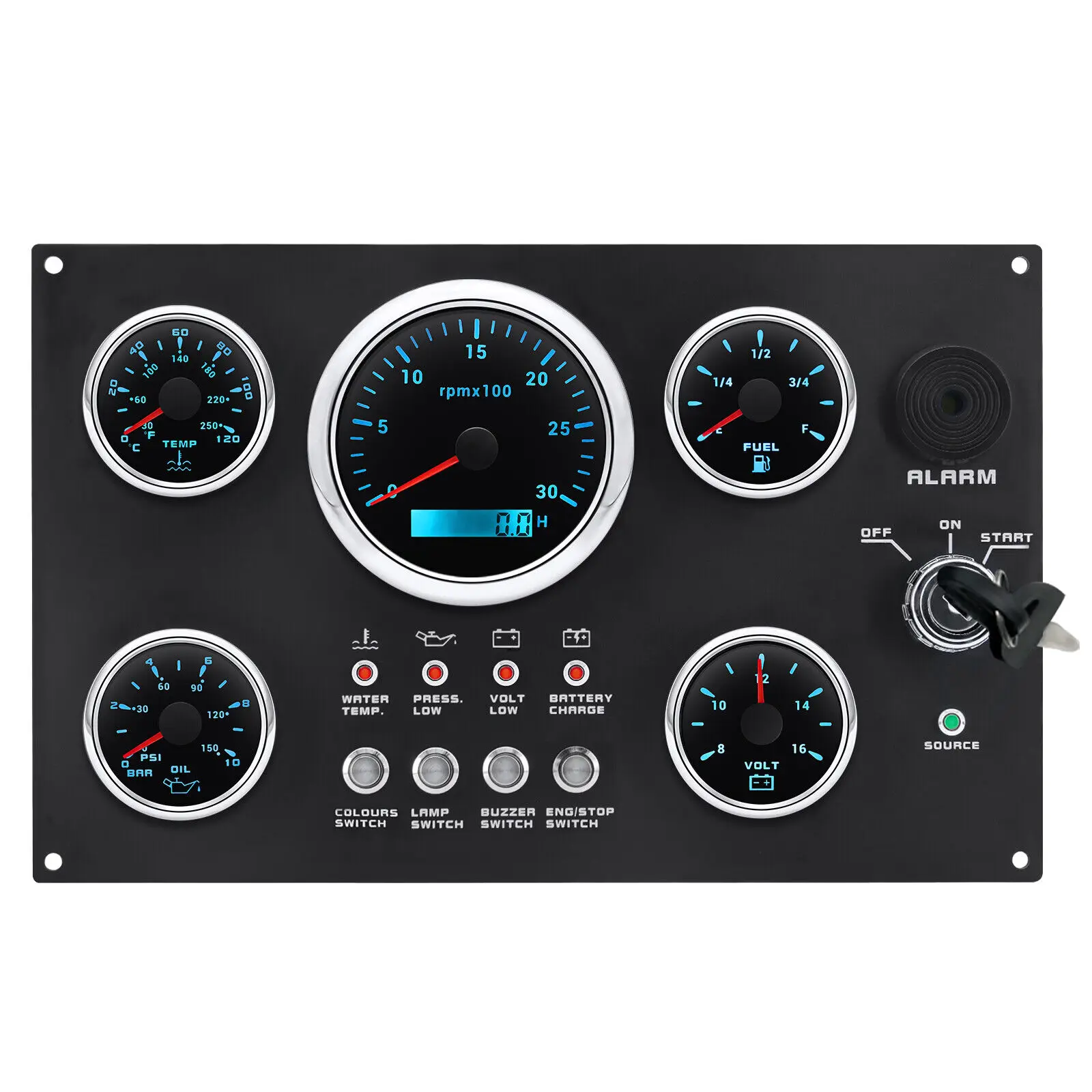 H6a7860a018b94451bbf1c5ec1e6dd9c1Z.webp Multi-function Diesel Engine Instrument Marine Gauge Panel Assembly with 5 Gauges 12V 24V 300*190mm for Boat Marine Car - Image 1