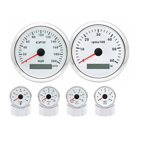 6 Gauge Set 85mm GPS Speedometer 0-200 MPH Tacho 6000rpm & 52mm Fuel Gauge Temp Volt Oil