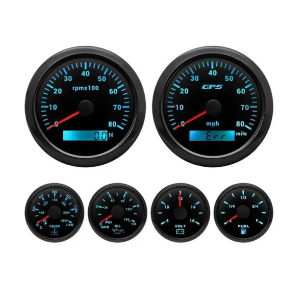 6 Gauge Set-GPS Speedometer Tachometer Fuel Water Temperature Gauge Oil Pressure Voltage 7 Color Backlight for Car Boat Marine
