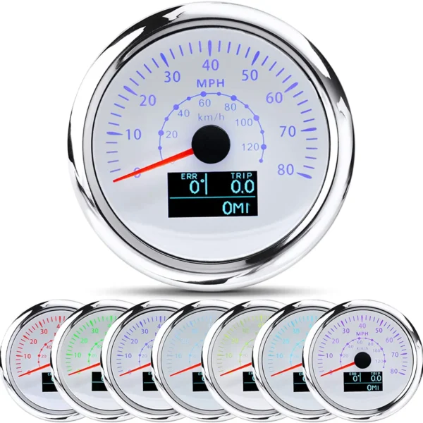 85 mm GPS Speedometer Odometer Waterproof for Car Boat Truck Black Double Dial 80 MPH 7 Color LED Included GPS Sensor