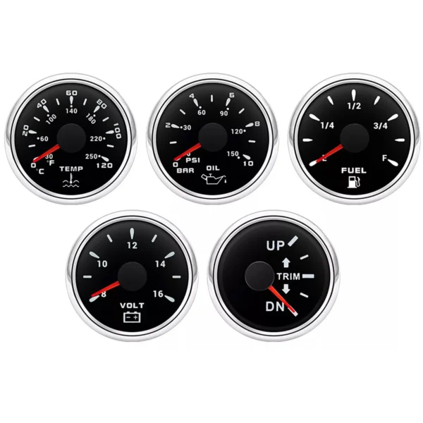 5 Gauge Set 52mm Water Temp Fuel Level 240-33ohm Oil Pressure Volt Trim Gauge