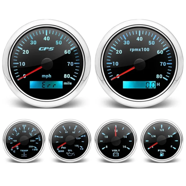 6 Gauge Set GPS Speedometer Tachometer Fuel Level Water Temperature Oil Pressure Voltage Boat Gauges Set Marine Car