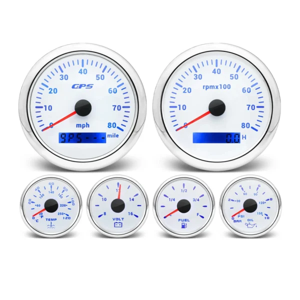 6 Gauge Set 85mm GPS Speedometer 0-80MPH Tacho/Fuel/Oil/Temp/Volt
