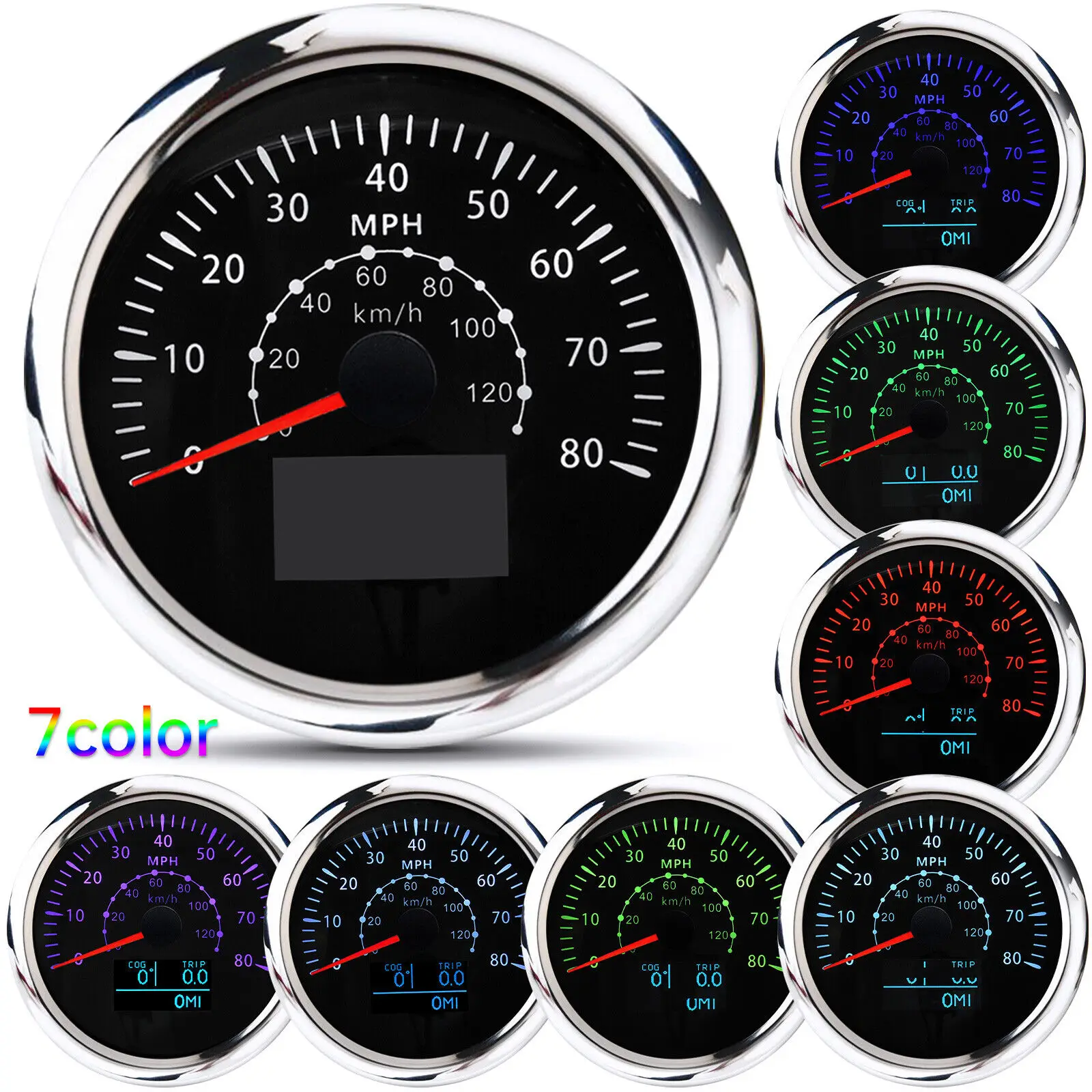 H82ba45d9503f4cb380ec44882d331443N.webp 85mm 7 Color LED GPS Speedometer Odometer 0-80MPH/0-120KM/H for Boat Car Truck - Image 1