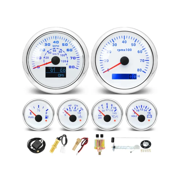 6 Gauge Set 85mm GPS Speedometer 0-80MPH 120KMH Tacho/Fuel/Oil/Temp/Volt with Senders