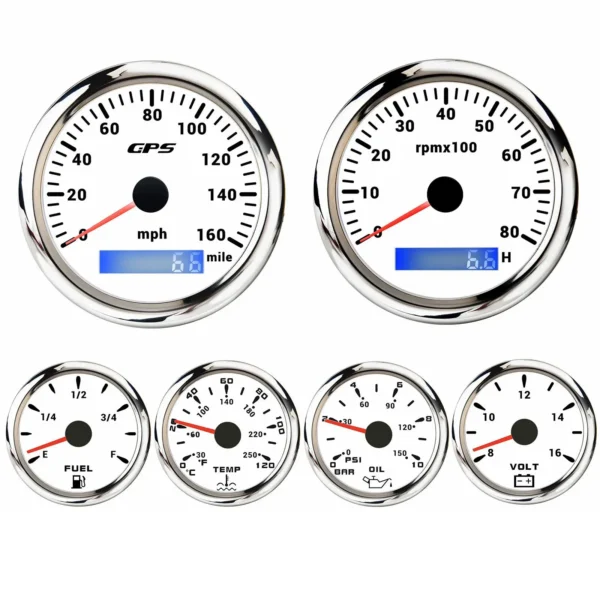 6 Gauge Set 85mm GPS Speedometer 0-160MPH Tachometer 8000rpm & 52mm Fuel Water Oil Gauge for Car Boat
