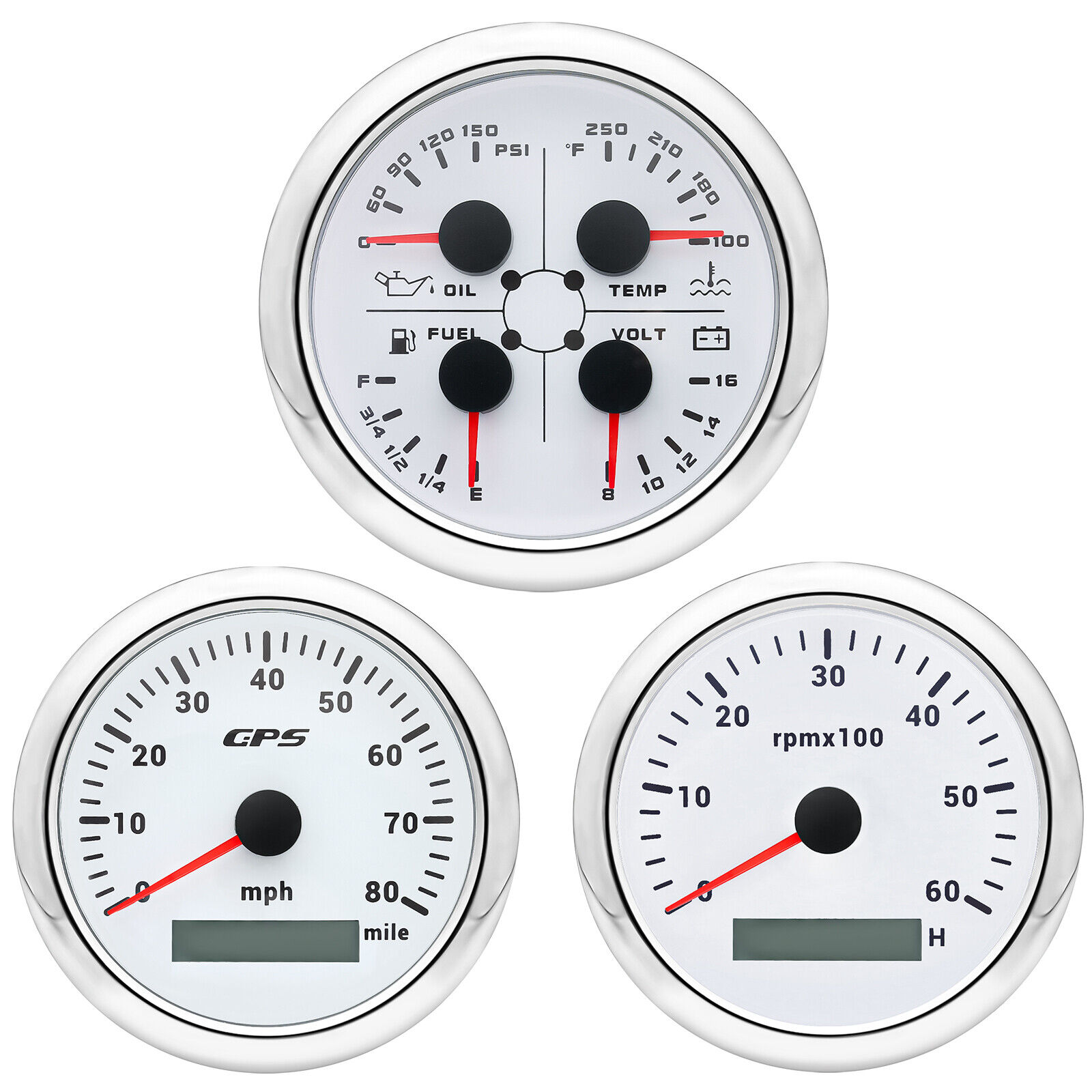 H85913ff428d842e28cbc7d61a3f3cff8k.jpg 3 Gauge Set 85mm GPS Speedometer 80 MPH Tachometer Fuel/Pressure/Water Temp/Volt - Image 1