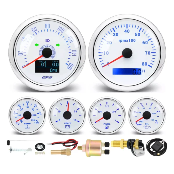 6 Gauge Set 85mm White GPS Speedometer 160MPH Tacho&52mm Fuel/Temp/Oil/Volt US