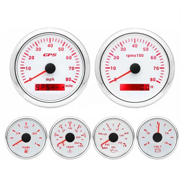 6 Gauge Set 85mm GPS Speedometer 80mph Tacho 6000rpm & 52mm Fuel Gauge Temp Volt Oil Car Boat